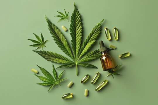 Medical cannabis products: CBD oil in dropper bottle, green capsules, cannabis leaves on green background. Supplements for pain relief, anxiety. Alternative medicine, growing cannabis industry