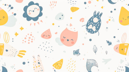 Minimalist vector pattern with abstract kids cute elements in subtle colors 