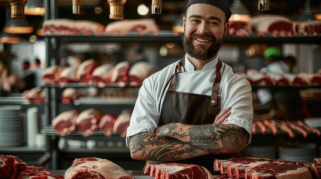 A professional butcher in uniform, with a beard and a tattoo, standing in front of racks of fresh raw meat, smiling. Generative AI.