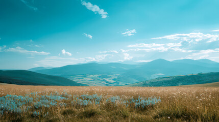 Obraz premium Minimalistic landscape. Minimalist landscape of meadow and mountains seen in the distance during a cloudless sky