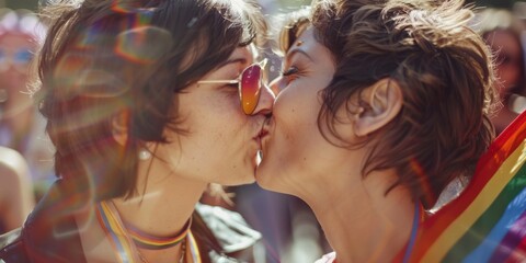 Women kiss at event