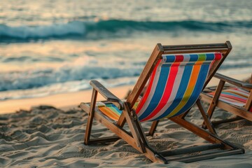 Fototapeta premium Two colorful striped deck chairs face the ocean waves at sunset, symbolizing tranquil vacations