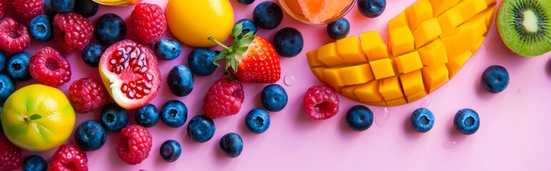 Assorted fresh fruits on pastel pink background