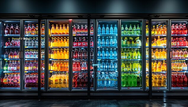 Colorful and vibrant beverage aisle in a supermarket, showcasing an extensive selection of drinks in a well-organized and illuminated display.
