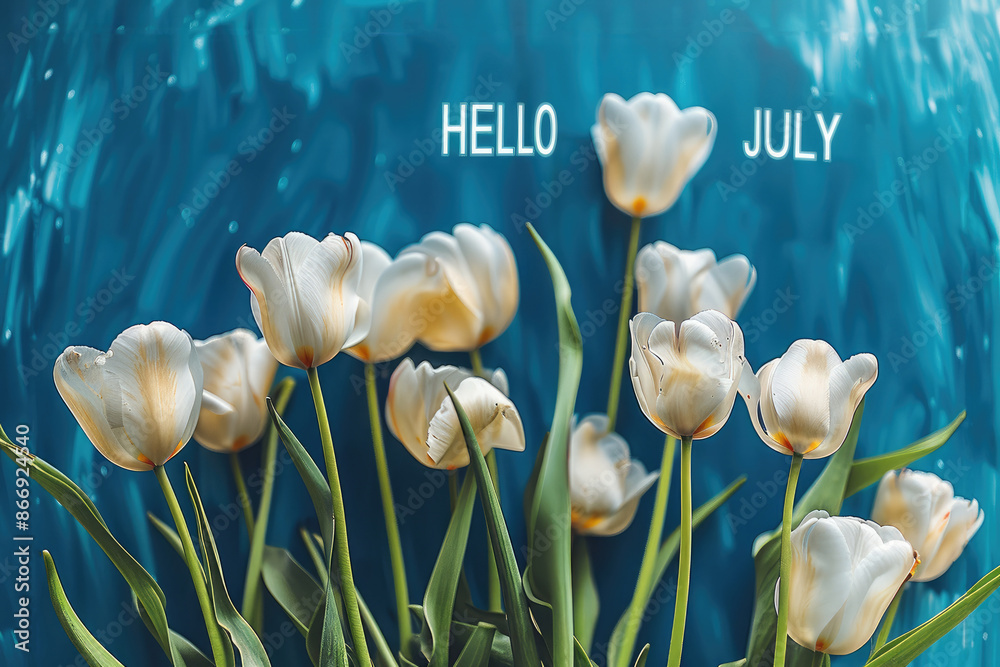 Aufkleber blue background with white tulips, text that spell the word 