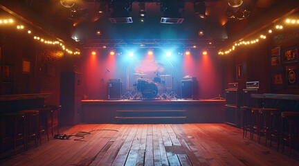 A Country Bar Concert Stage, with glow effects, light effects. Generative AI.