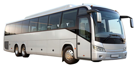 Modern white tour bus with large windows isolated on transparent background