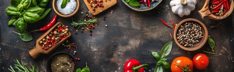 Assorted fresh herbs and spices on dark wooden background