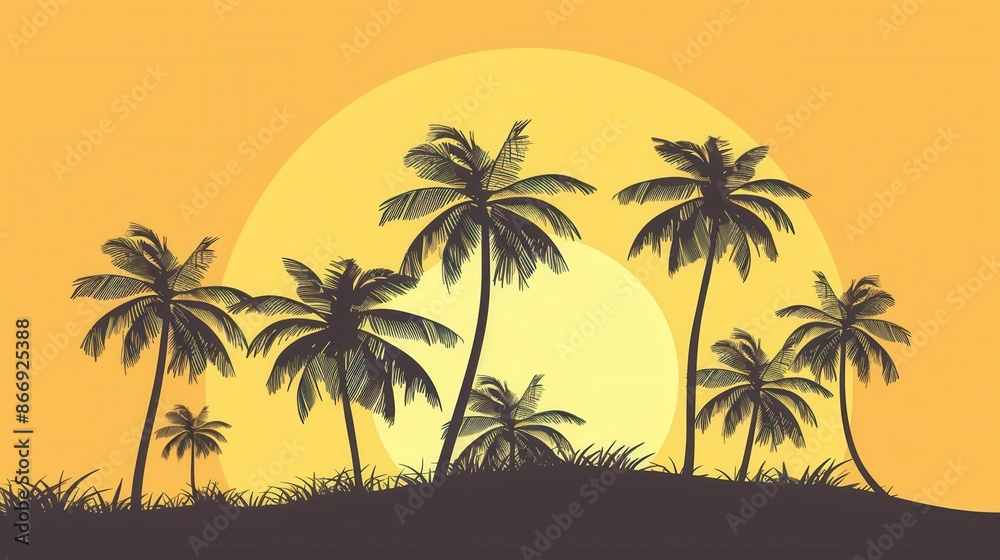 Aufkleber a simple and vibrant illustration featuring silhouette palm trees against a sunset beach background.