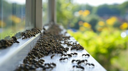 A large group of ants inspeing a windowsill in a home, emphasizing their organized trail and busy nature.
