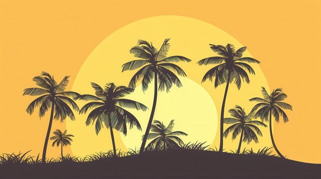 A simple and vibrant illustration featuring silhouette palm trees against a sunset beach background. Generative AI