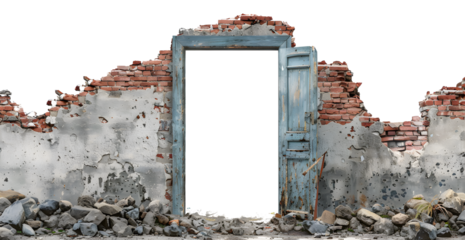 A blue door is open in front of a wall of bricks