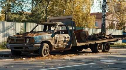 Obraz premium A side view of a rusty tow truck parked beside a fence. The truck is carrying debris