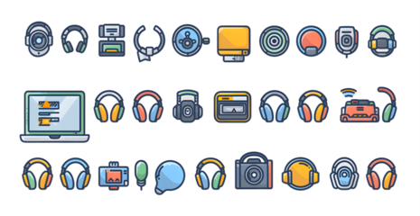 A collection of various electronic devices and accessories, including headphones