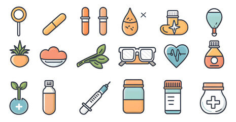 A collection of medical icons including a syringe, a pill bottle, a heart