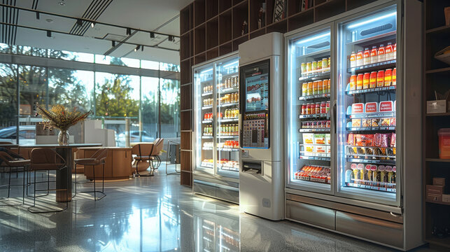 A smart vending machine in a mall modern style, minimalism. Uncluttered look, simple lines, focus on functionality. Glass walls, floor-to-ceiling windows. Generative AI.