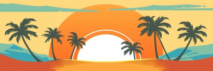 Fototapeta premium A vibrant and minimalistic silhouette of palm trees against a setting sun on a beach, perfect for travel and resort branding. Generative AI