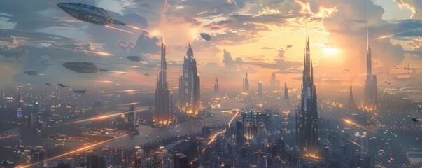 A futuristic cityscape with flying cars. Realistic.