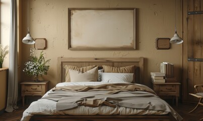 Rustic bedroom with an empty canvas on the nightstand