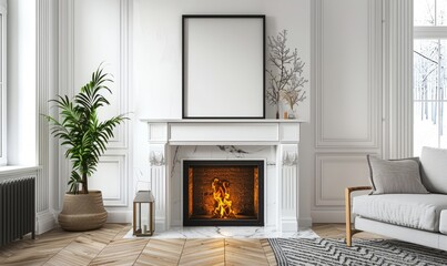 Minimalist living room with a blank frame above the mantel