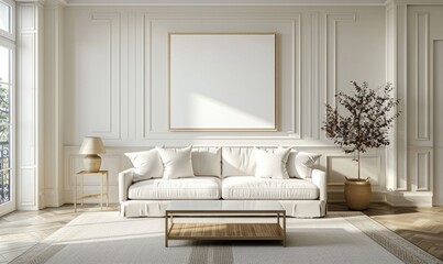 Bright living room with a blank canvas on the wall