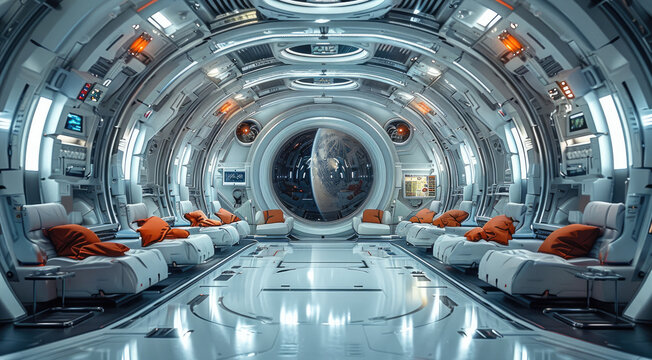 Dance club inside cargo bay of space shuttle. Generative AI.