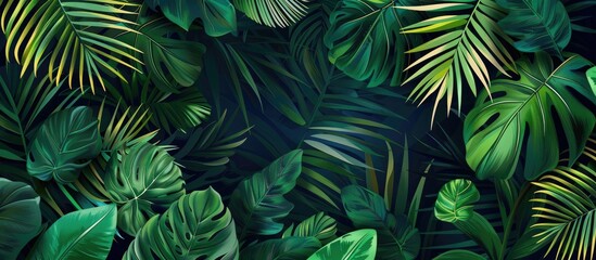Dark green tropical leaves ensemble in a panoramic view, representing the essence of nature.