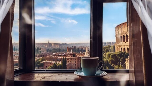 a cup of coffee on a table next to the window with a view of the Colosseum. Seamless looping 4k video animation