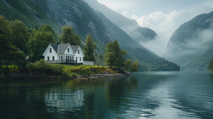 Fototapeta premium A white house on the side of a river, surrounded by greenery and mountains. Generative AI.