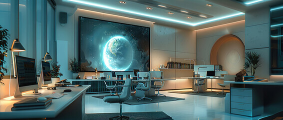 Minimalist professional workspace with high tech equipment, very clean design, projections on the wall, one screen to the left, warm lighting with turquoise accents. Generative AI.