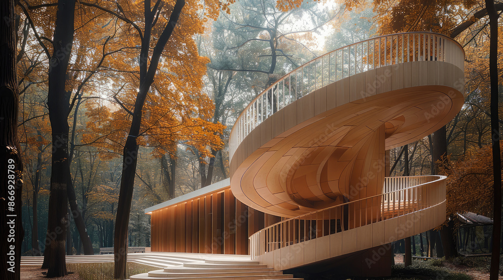 Aufkleber minimum spiral stair pavilion in middle of wood. generative ai.