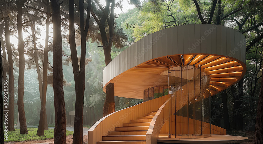 Aufkleber minimum spiral stair pavilion in middle of wood. generative ai.