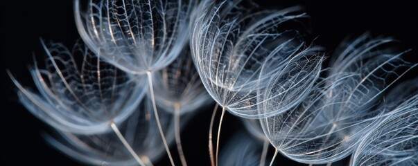 Close-up of delicate dandelion seeds against black background, macro nature photography