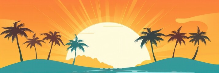 Obraz premium A vibrant and simple illustration of palm trees silhouetted against a bright orange sunset over a tropical beach. Generative AI