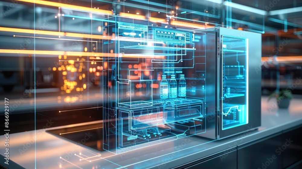 Leinwandbilder 3d schematic diagram of the refrigerator components in the form of a hologram. generative ai.