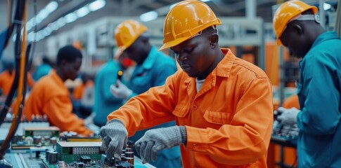 A group of workers in orange safety gear are working on a computer