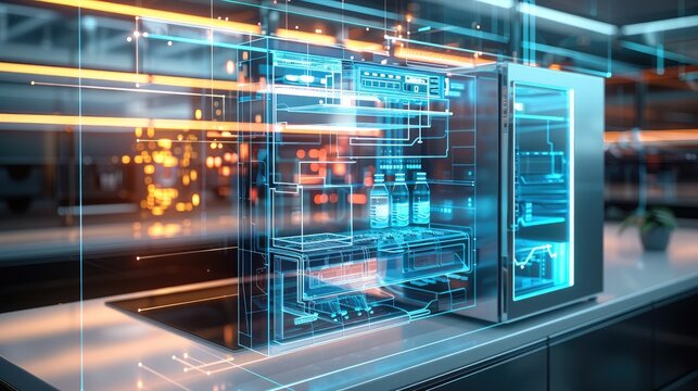 3D schematic diagram of the refrigerator components in the form of a hologram. Generative AI.