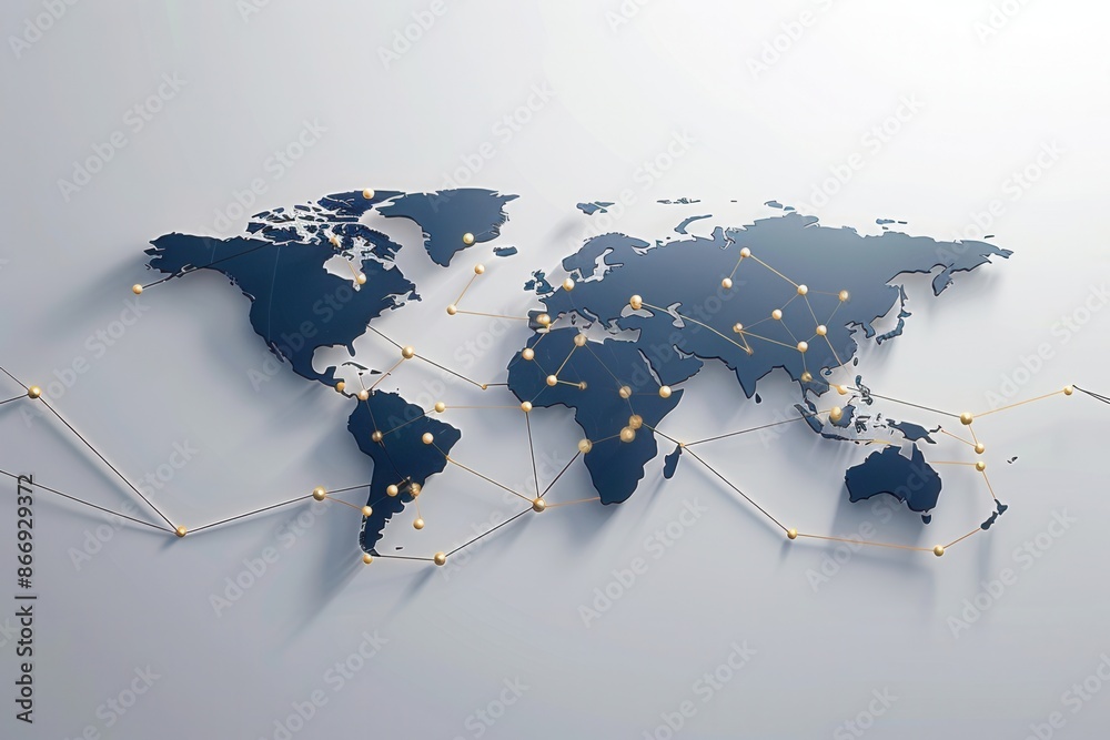Poster A simple and symbolic image featuring a world map with highlighted travel routes, ideal for travel agencies and global booking services. Generative AI