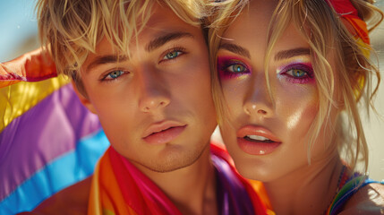 Fototapeta premium Young people bright make up standing next to each other smiling. One has iridescent paint on face