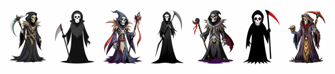 Fototapeta premium Set of Grim Reapers isolated on a white background. Concept of death, spooky figure, minimalist style, Halloween. Print, digital art, illustration, design element