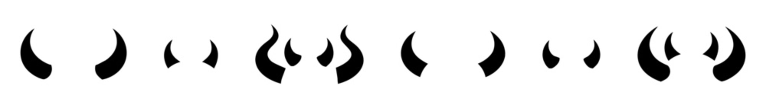 Set of Black silhouettes of devil horns with curved shape design. Demon Horns. Halloween, evil, fantasy, spooky, horror concept. Isolated on white background. Print, design element.