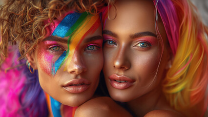 Obraz premium Young people bright make up standing next to each other smiling. One has iridescent paint on face