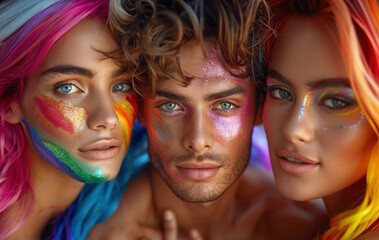 Obraz premium Young people bright make up standing next to each other smiling. One has iridescent paint on face