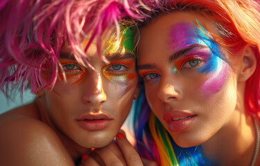 Obraz premium Young people bright make up standing next to each other smiling. One has iridescent paint on face