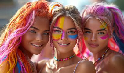Obraz premium Young people bright make up standing next to each other smiling. One has iridescent paint on face