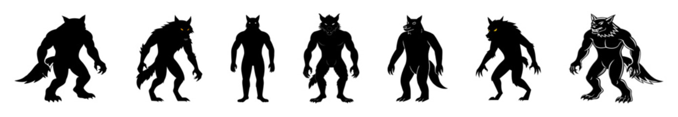 Set of Black silhouettes of cartoon werewolves isolated on a white background. Concept of Halloween character, mythical creature, monster, horror, fantasy, nightmare. Print, design element