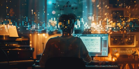 A musician in a dimly-lit room with an AI assistant as floating musical notes and waveforms. The AI guides the musician in composing a new piece. Warm, ambient lighting creates an intimate setting