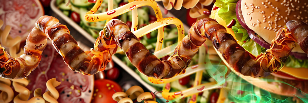 Junk Food Gene or fat mass and obesity associated genetics or FTO as a Fast-food concept with a DNA strand representing genetics and unhealthy eating affecting genes.