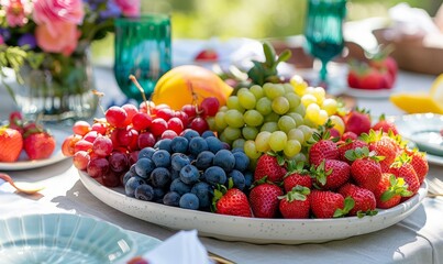 A colorful summer fruit platter on a picnic table