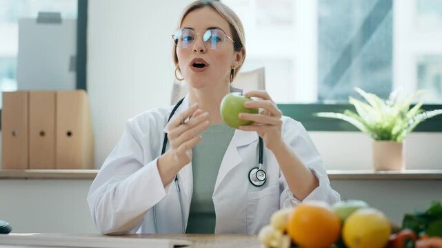 Video of beautiful smart nutritionist woman doing videocall with computer to doing a pacient consultation in the nutritionist consultation